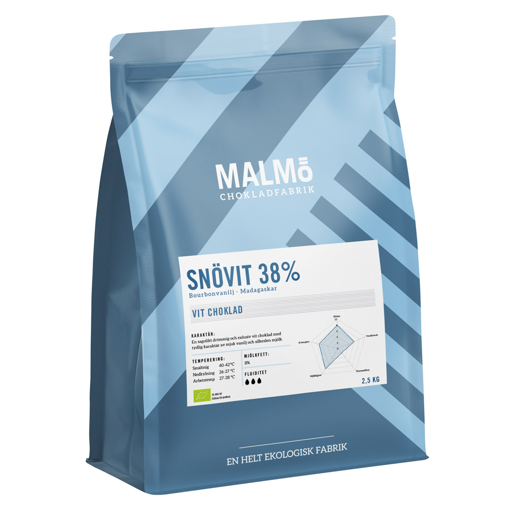 Ekologisk vit choklad – Malmö Chokladfabrik Snövit 38% eko 2,5 kg